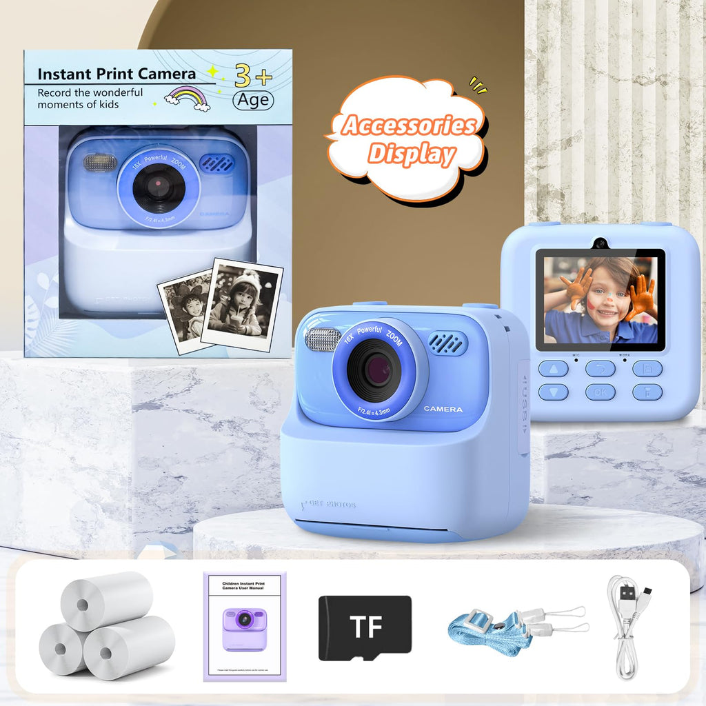 Kids Instant Digital Cameras for Boys and Girls, 1080P HD Dual-Lens Selfie Digital Camera with Print Paper & TF Card, Christmas Birthday Gifts Toys for Toddler and Teenagers Age 3-16 Years Old