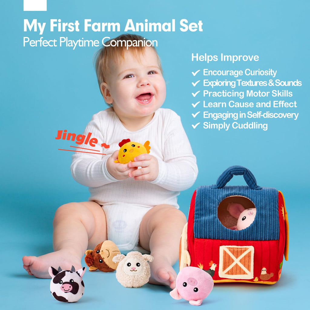 hahaland Baby Toys 6-12 Months - Surprise Barn with Stuffed Farm Animals, Rattle, Crinkle Paper, Mirror - Montessori Toys for 6 Month Old Babies, Sensory Balls Toddlers 1-3, 1 Year Old Boy Girl Gifts
