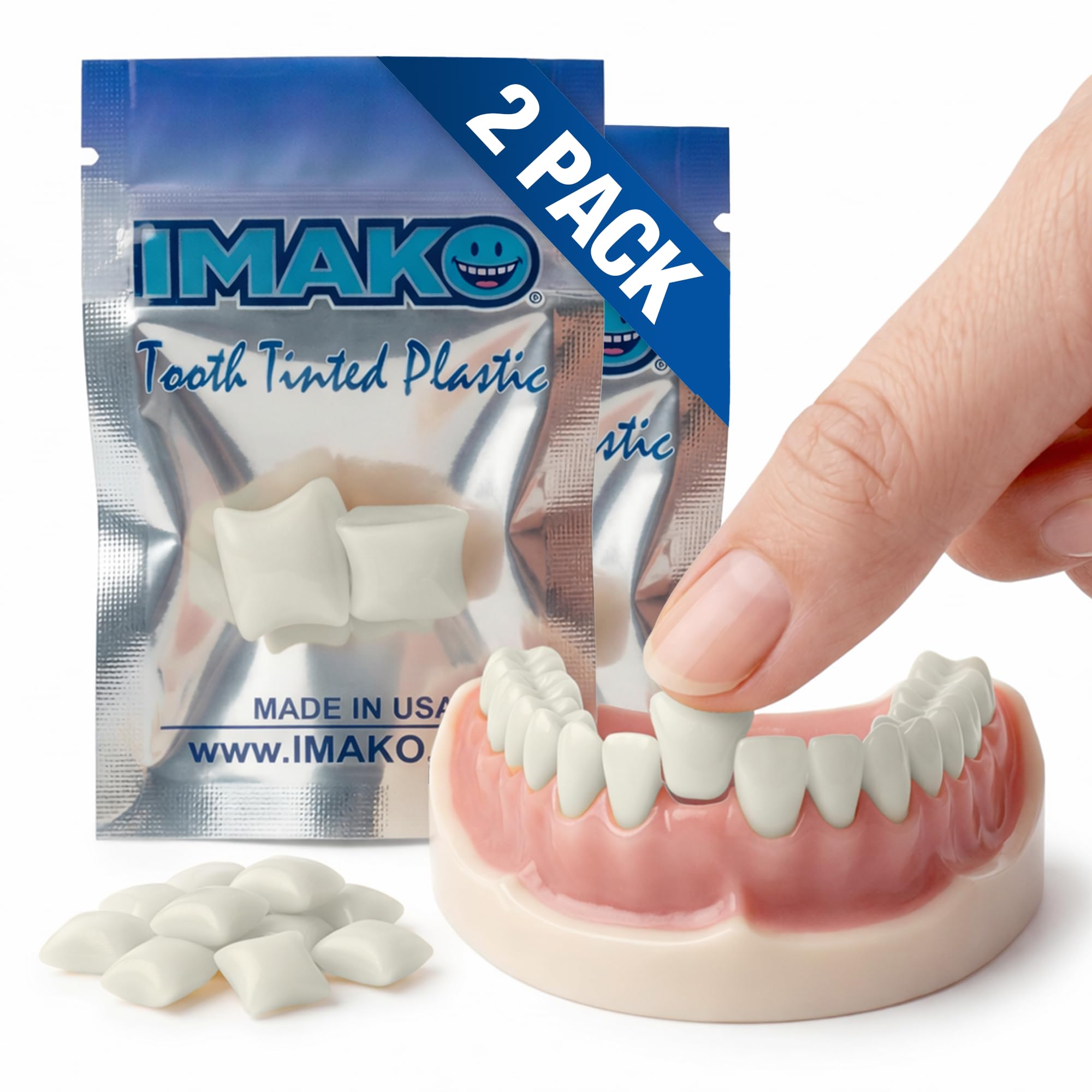 Imako Tooth Tinted Plastic – Moldable Temporary Fake Tooth for Missing Teeth, Chips & Gaps - Natural Color - Made in USA - 2 Pack