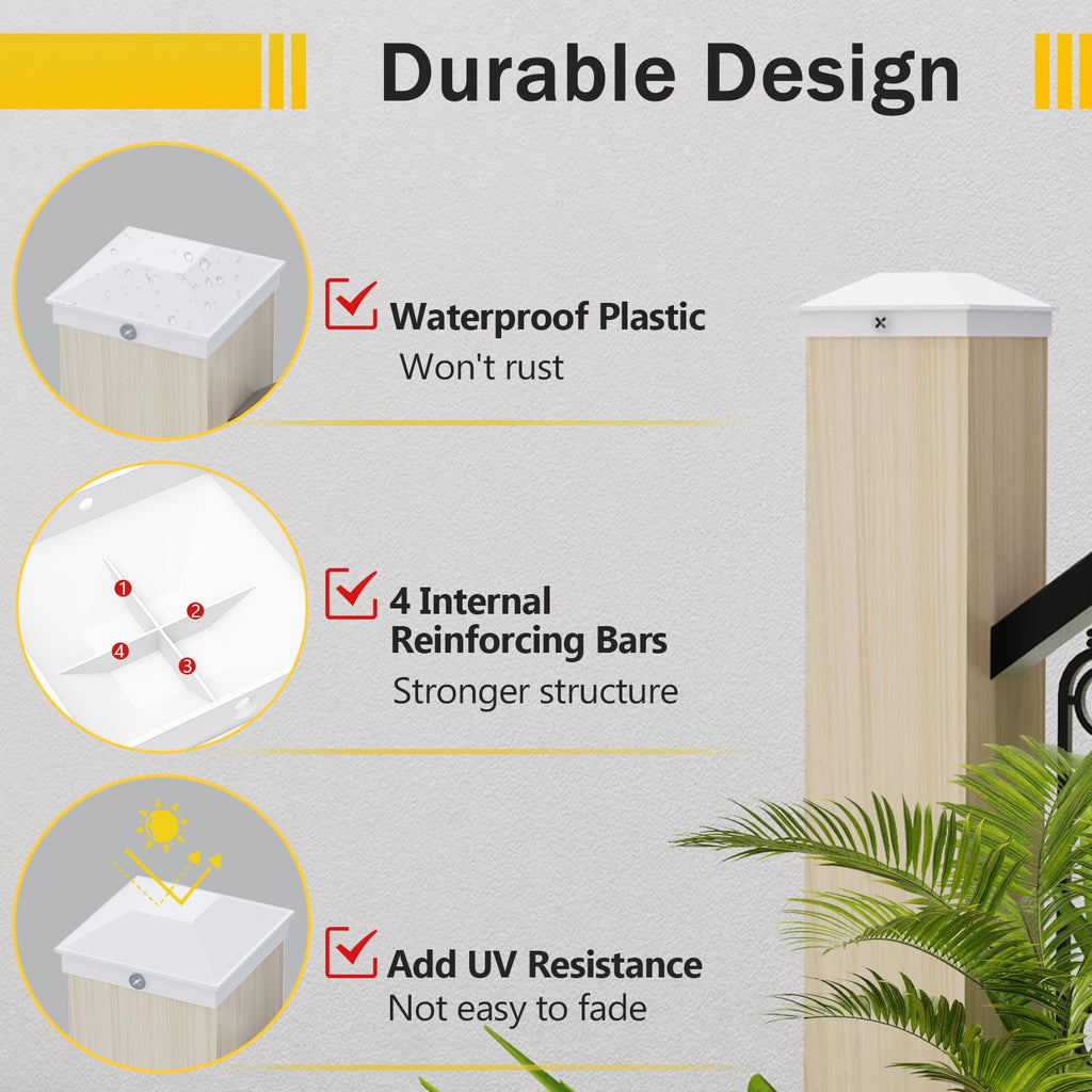 Goovilla 4x4 Post Caps White(Actual 3.5" x 3.5"), 8 Pack Fence Post Caps with 16 Screws and Easy Installation, Sturdy Waterproof Plastic Deck Post Caps with Frosted Finishing Touch, Protect Wood Post