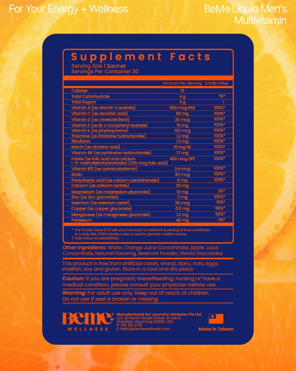BeMe Liquid Multivitamins for Men - Advanced Liquid Delivery System with 13 Vitamins & Minerals - Tear & Go Sachets, Non-GMO, Orange Flavor (30 Sachets)