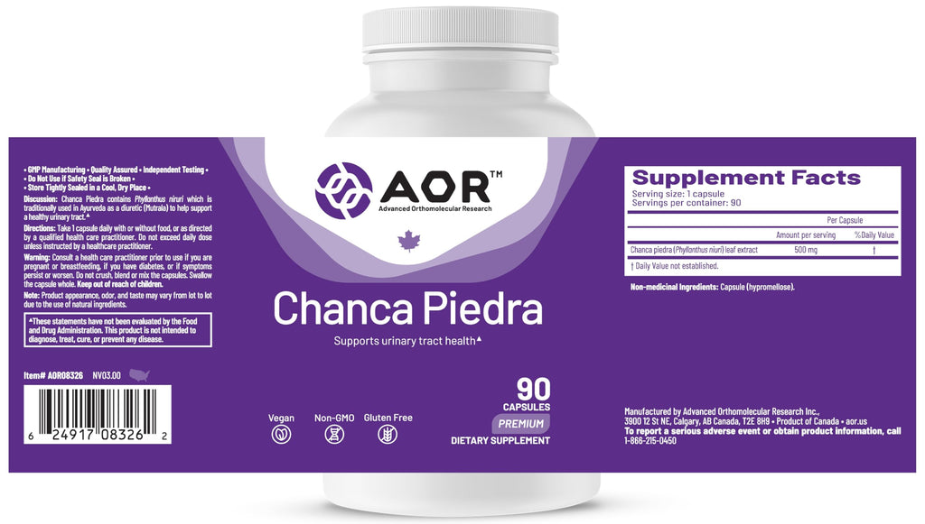 AOR Chanca Piedra 500mg 90 Vegan Capsules, 90-Day Supply Herbal Supplement for Urinary Tract & Fluid Balance, Gluten-Free, Non-GMO