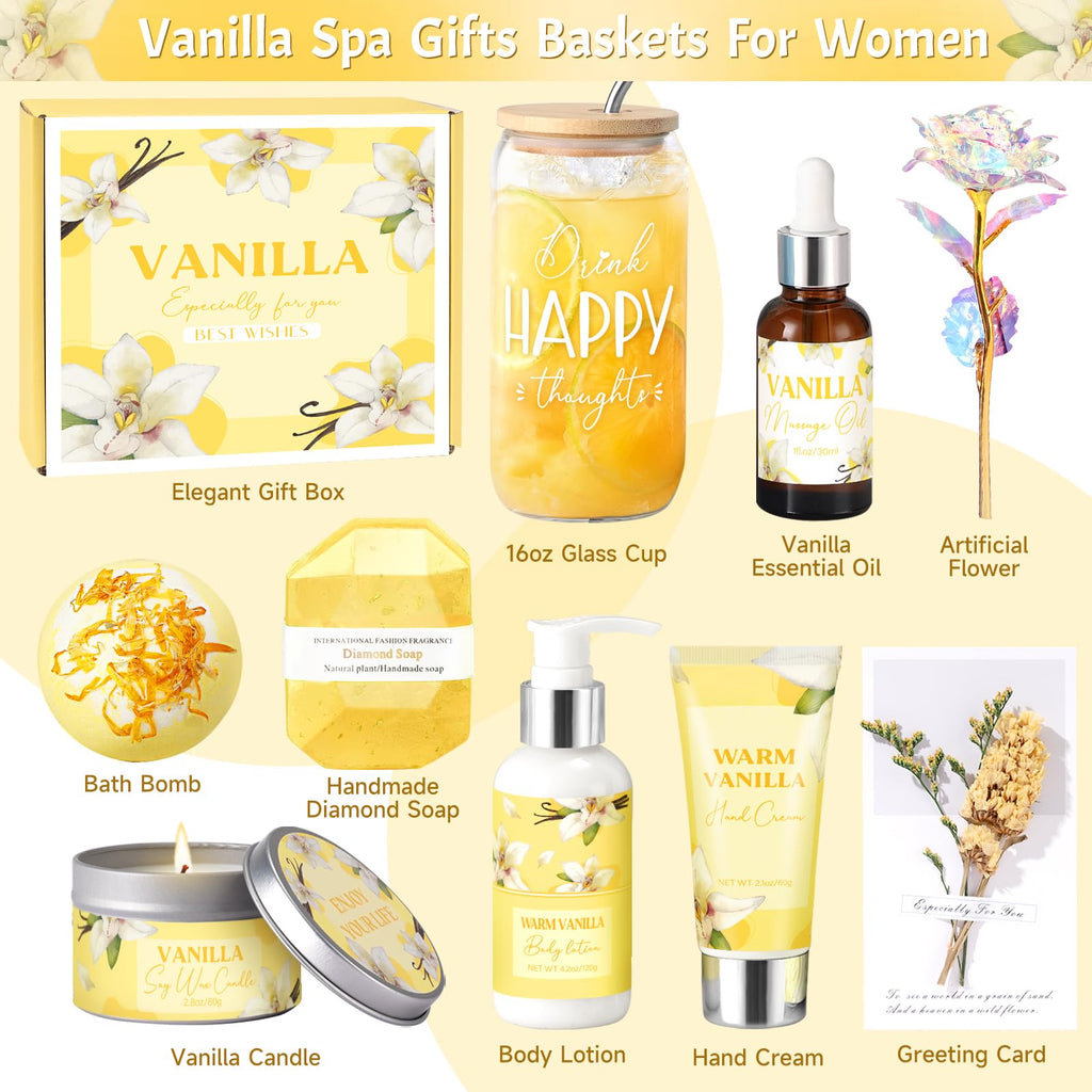 Birthday Gifts for Women, Relaxing Spa Gift Baskets for Women, Warm Vanilla Self Care Package Gifts, Mother's Day Bath and Body Inspirational Gift Set for Mom, Her, Wife, Best Friend, Sister, Coworker