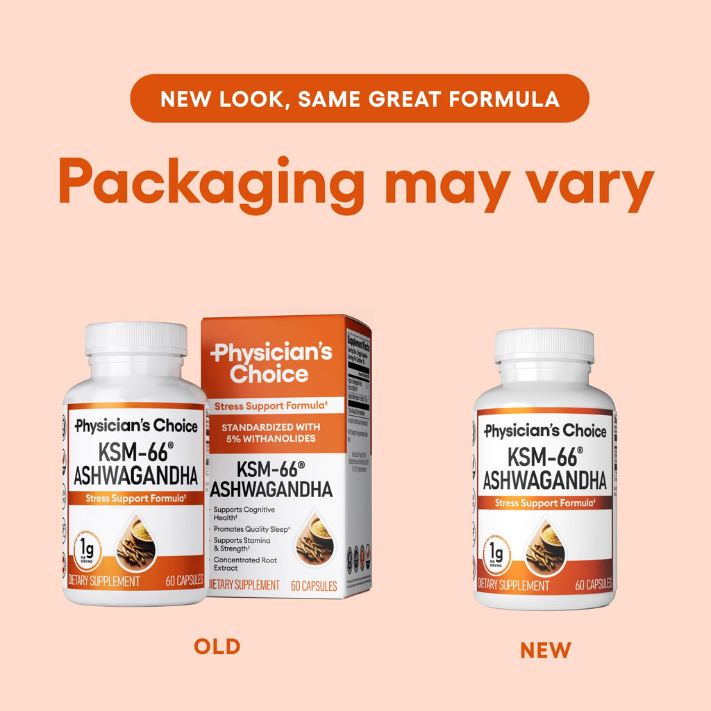 Physician's CHOICE KSM-66 Ashwagandha Root Powder Extract 1,000mg - Organic - with Black Pepper for Maximum Absorption - 5% Withanolides - Stress, Mood & Athletic Support - 60 Vegan Capsules