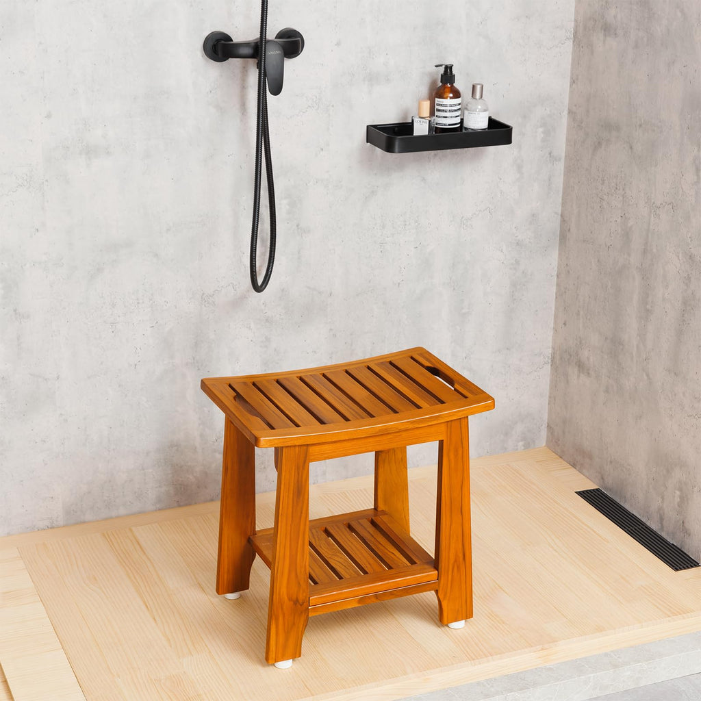 14" Compact Teak Shower Stool with Shelf & Handle - Waterproof, Non-Slip Bath Bench for Small Bathrooms/Tub/Outdoor Use, 300 lbs Capacity (Patented)