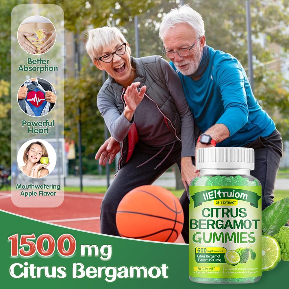 IIEltruiom Citrus Bergamot 1500mg, Citrus Bergamot Gummies for Healthy Cholesterol, Bergamot Supplements 25:1 Extract from Italy Bergamot, Resveratrol & Niacin - Natural Vegan 60 Gummies