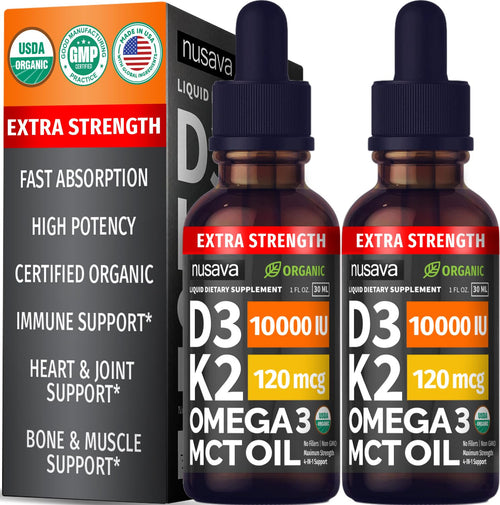 (2 Pack) Extra Strength Organic Vitamin D3 K2 Drops with MCT Oil, Omega 3, 10000 IU - Vitamin D Liquid, No Fillers, Non-GMO D3 for Faster Absorption and Immunity, Unflavored - (2 Fl Oz, 60 Servings)