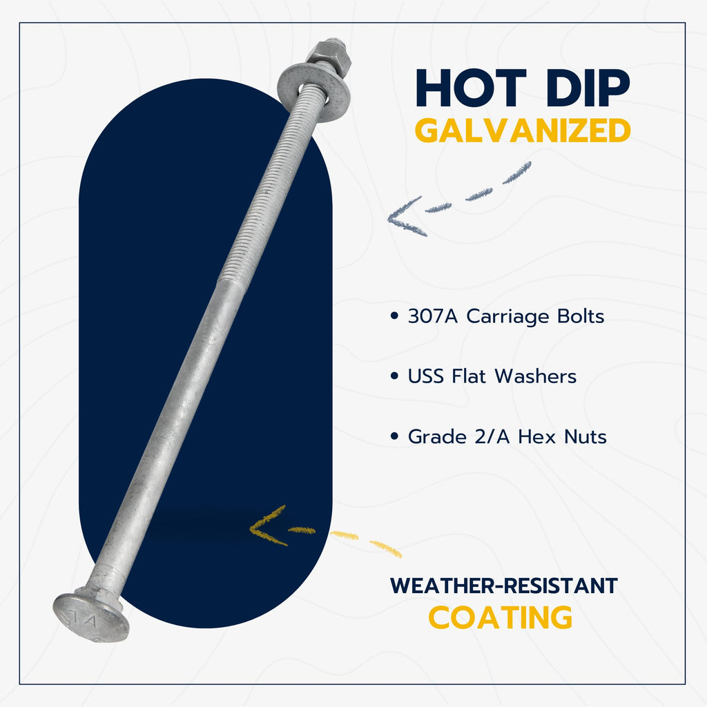 1/2" x 14" (25 Pack) Galvanized Carriage Bolt Kit Grade 307A Includes 1/2" USS Flat Washers (25 pcs) and 1/2"-13 Hex Nuts (25 pcs), Hot Dip Galvanized for Exterior Use by Makers Bolt