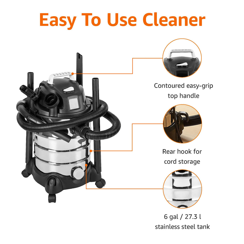 Amazon Basics Wet Dry Shop Vacuum Cleaner, 6 Gallon, 3.5 HP Stainless Steel, with Filter, Grey/Black