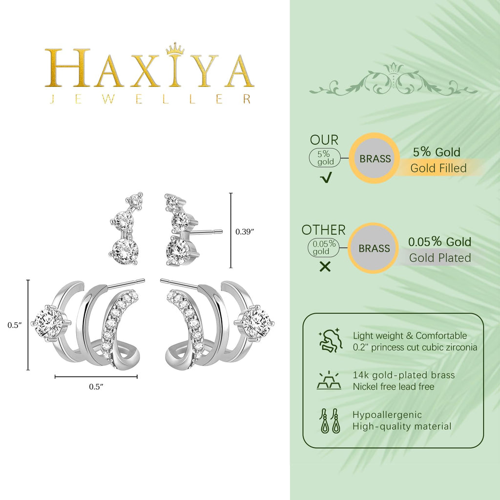 HAXIYA Sterling Silver Triple Hoop Earrings for Women Trendy Huggie Illusion Stud Earring Silver Plated Small Hoops Earrings 2 Set Unique Ear Cuff for One Hole