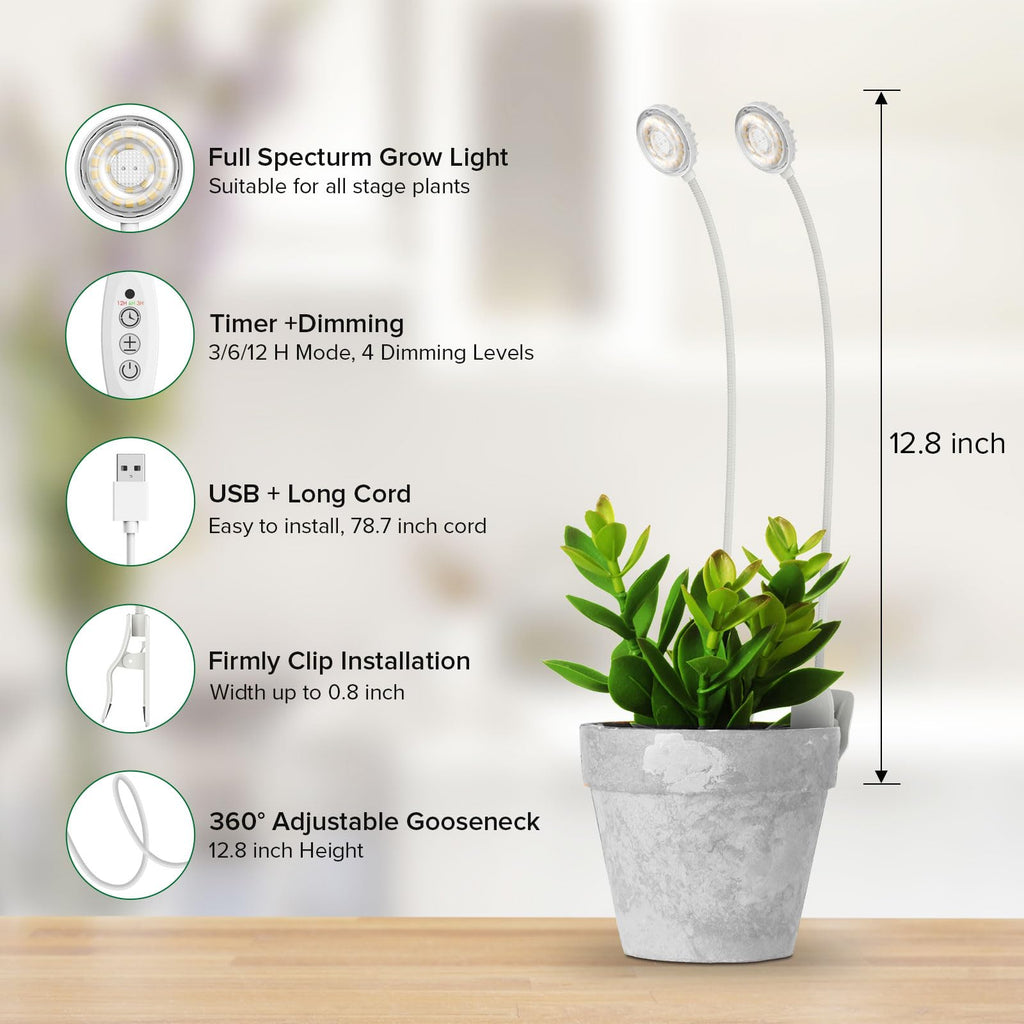 SGLEDs Clip-On Grow Lights for Indoor Plants, 2-in-1 Dual Head Timer