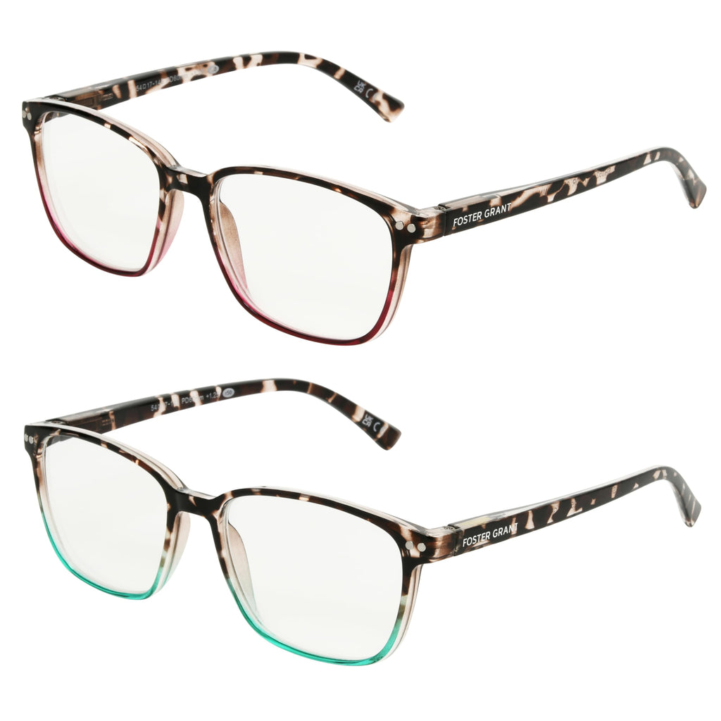 Foster Grant Women's Kendall 2-Pack Square Reading Glasses, Tortoise/Wine, Tortoise/Teal, 42 mm, 2 Diopters