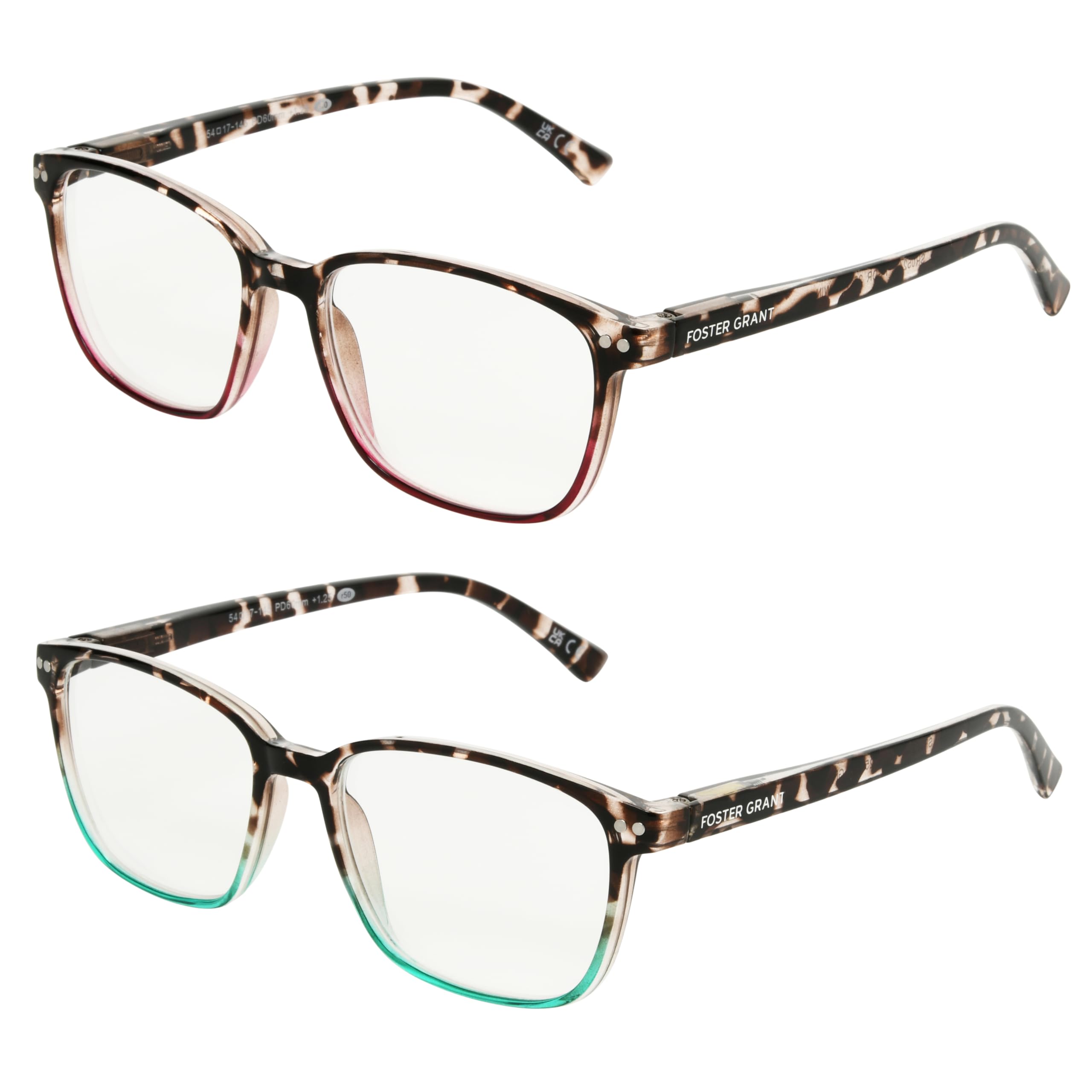 Foster Grant Women's Kendall 2-Pack Square Reading Glasses, Tortoise/Wine, Tortoise/Teal, 42 mm, 2 Diopters