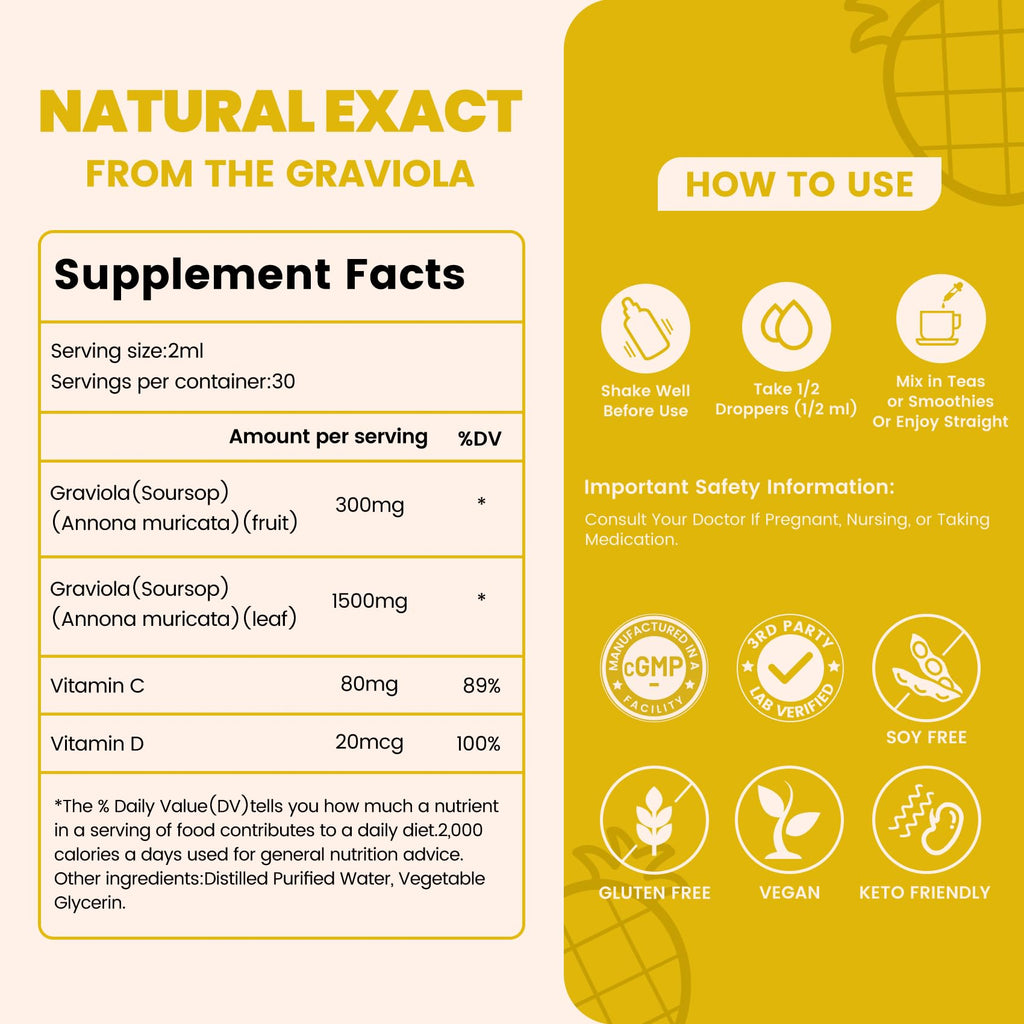 vivcmin Graviola Soursop Leaf Extract Liquid - Soursop Bitters Liquid, Support Immune, Relax, Liver and Sleep, Sugar & Alcohol-Free, Highly Absorbable Formula, Pineapple Flavor, 2 Fl Oz