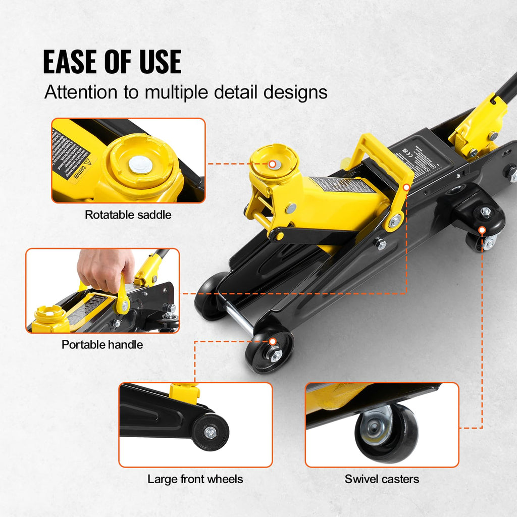 VEVOR Low Profile Floor Jack 2 Ton (4400 lbs), Heavy Duty Iron Hydraulic Racing Floor Jack, Hydraulic Car Jack, Single Piston Quick Lift Pump, 4.9"-13.2" Height Lifting Range (Yellow)