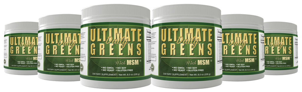 Ultimate Greens with MSM Powder, Vegan Friendly Natural Ingredients Gluten Soy Free NO GMO Superfood Vegetable Nutritional Drink Alkalizing Energy 8oz 6 Pack (6 Month Supply)