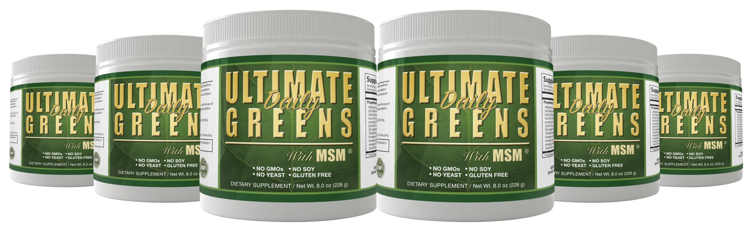 Ultimate Greens with MSM Powder, Vegan Friendly Natural Ingredients Gluten Soy Free NO GMO Superfood Vegetable Nutritional Drink Alkalizing Energy 8oz 6 Pack (6 Month Supply)