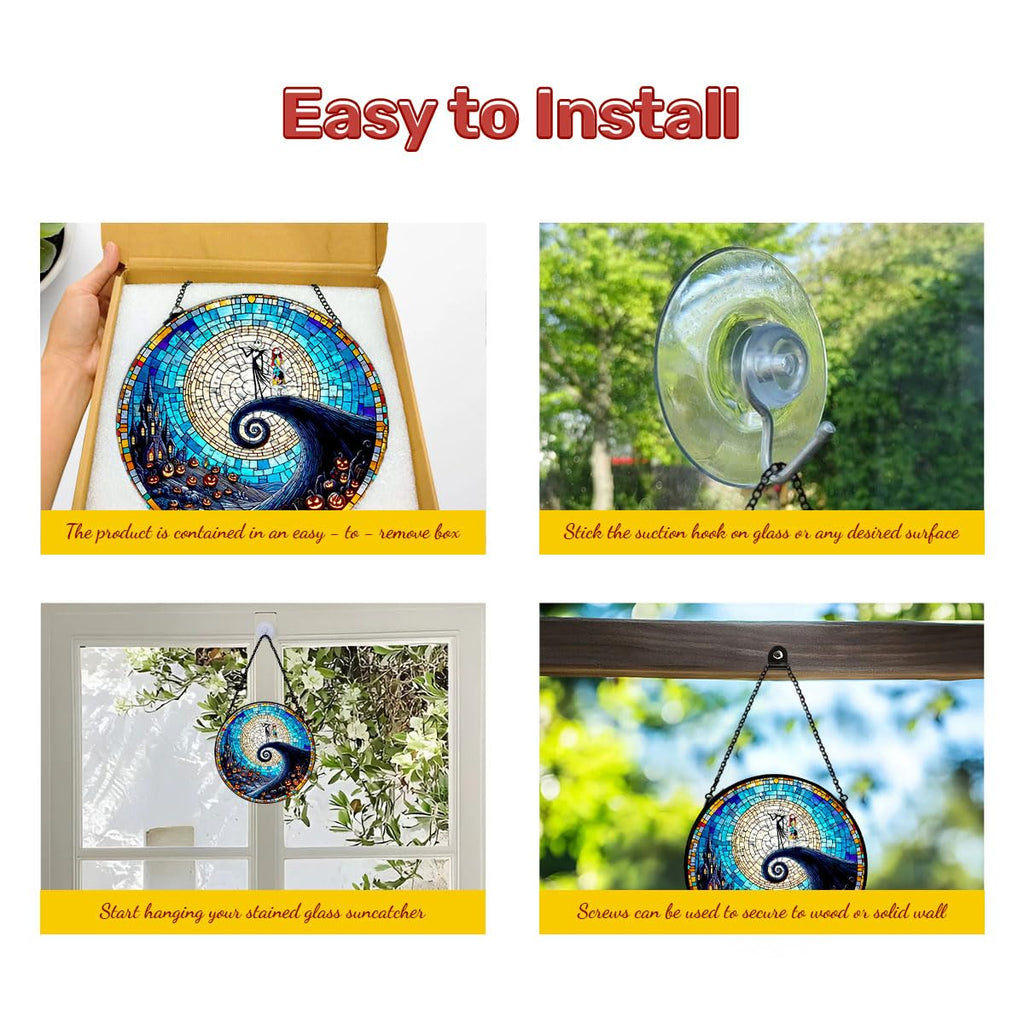 GENANY Spooky Stained Glass Window Hanging, Spring Sun Catcher with Metal Chain and Hook, Romantic Gifts for Women Friends Family, Garden Decor, Housewarming Gifts, Outdoor Decor