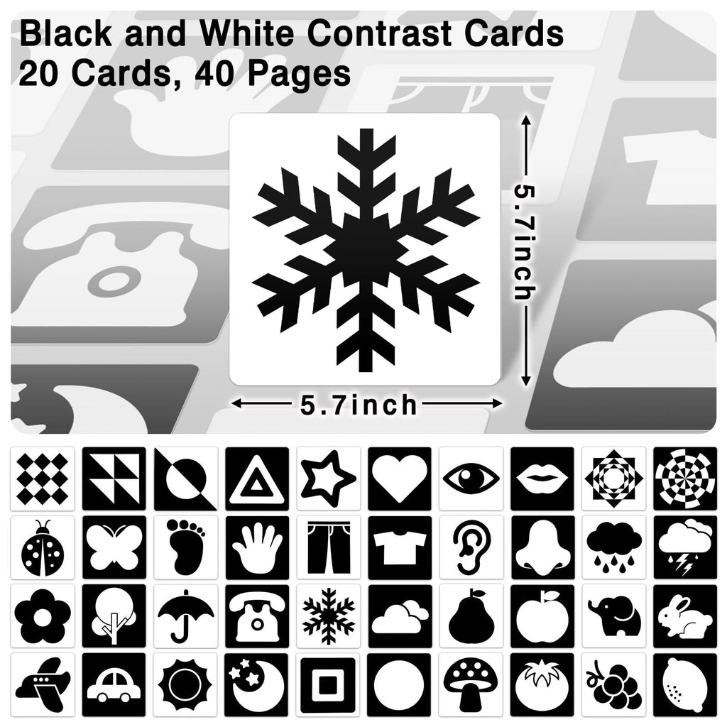 High Contrast Baby Cards for Infants, Black and White Baby Cards High Contrast Baby Toys for Newborns Visual Stimulation Brain Development Learning 20 Pcs 40 Pages 5.7'' x 5.7'' （0-3 Months）