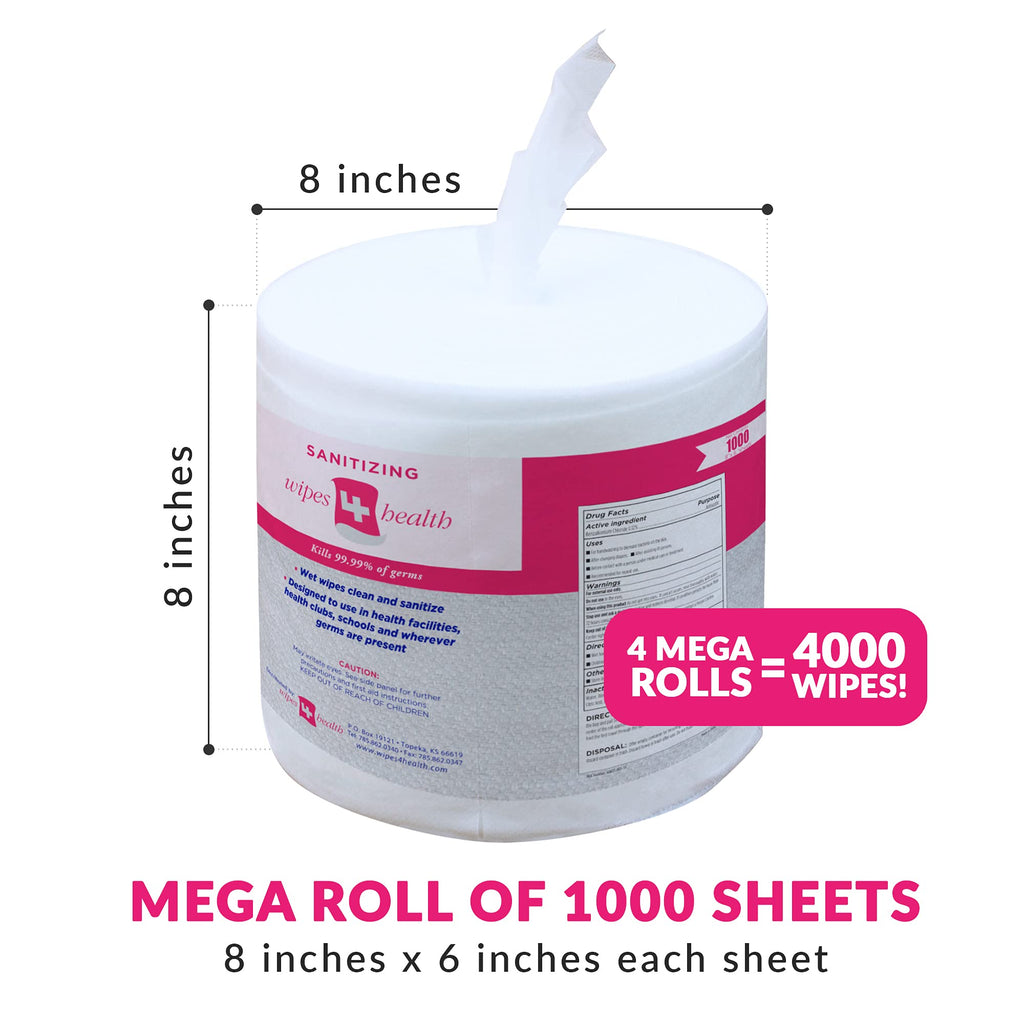 Wipes4Health Sanitizing Wipes: 4000 Unscented Wet Wipes (8" x 6"): 4 Refill Mega Rolls for Floor Stand, Wall Mounted and Bucket Dispensers - For Gyms, Fitness Clubs, Schools, Commercial Facilities