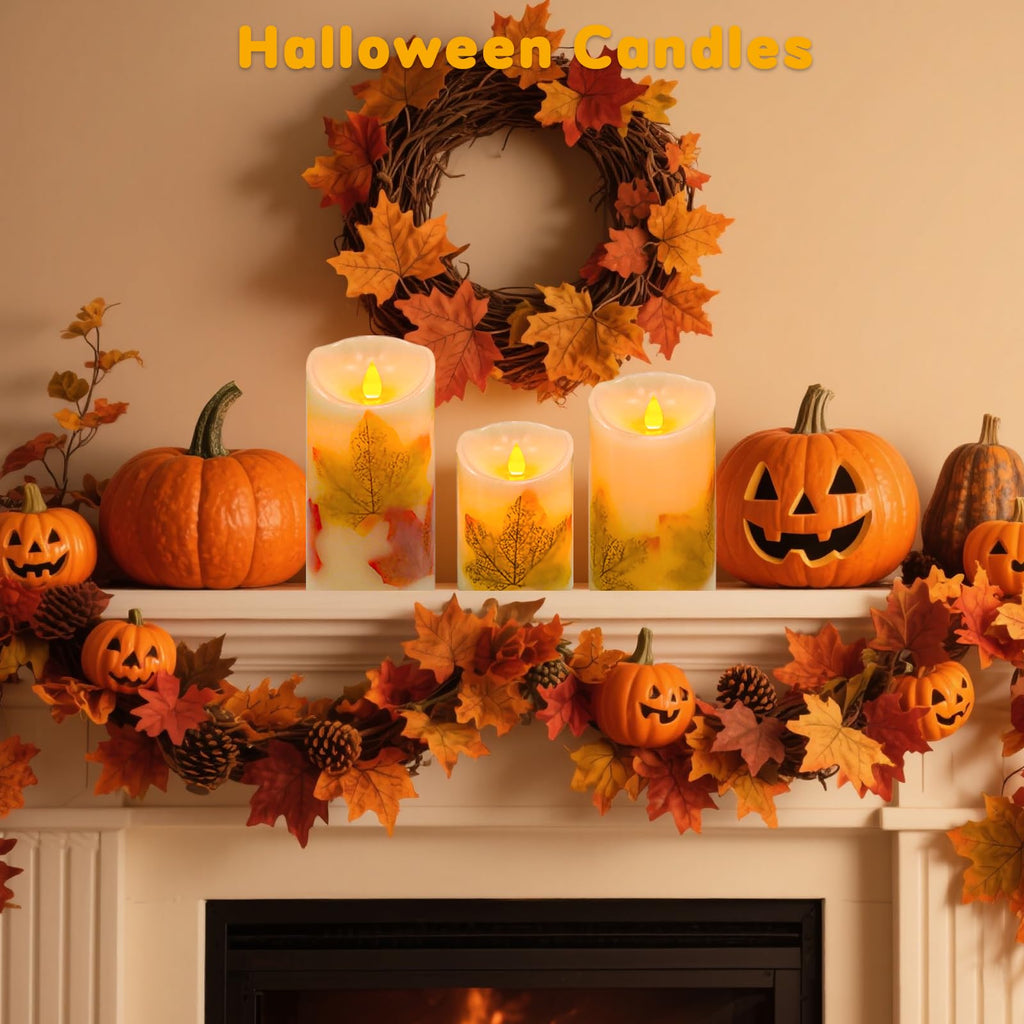Maple Leaf Flameless Candles Set of 3, Fall Candles with Remote & Timer