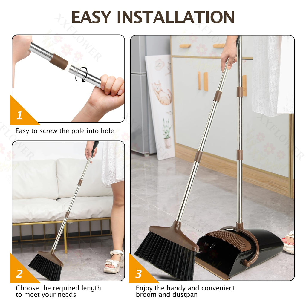 XXFLOWER Broom and Dustpan Set with Long Handle, Light Weight Stainless Steel Poles Stand Upright Dustpans with Broom Combo for Home Kitchen Office Pet Dog Hair, 1-Pack (Black Brown)
