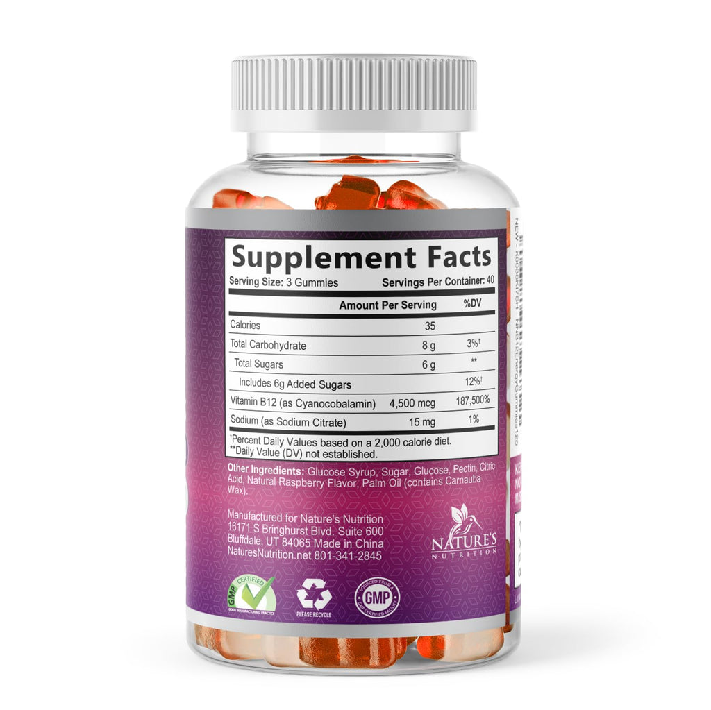 B12 Energy Gummies - 4500 mcg Per Serving Extra Strength Vitamin B12 Chewables - Dietary Supplement for Energy Metabolism & Immune Support - For Women, Men, & Kids - Natural, Berry Flavor - 120 Count