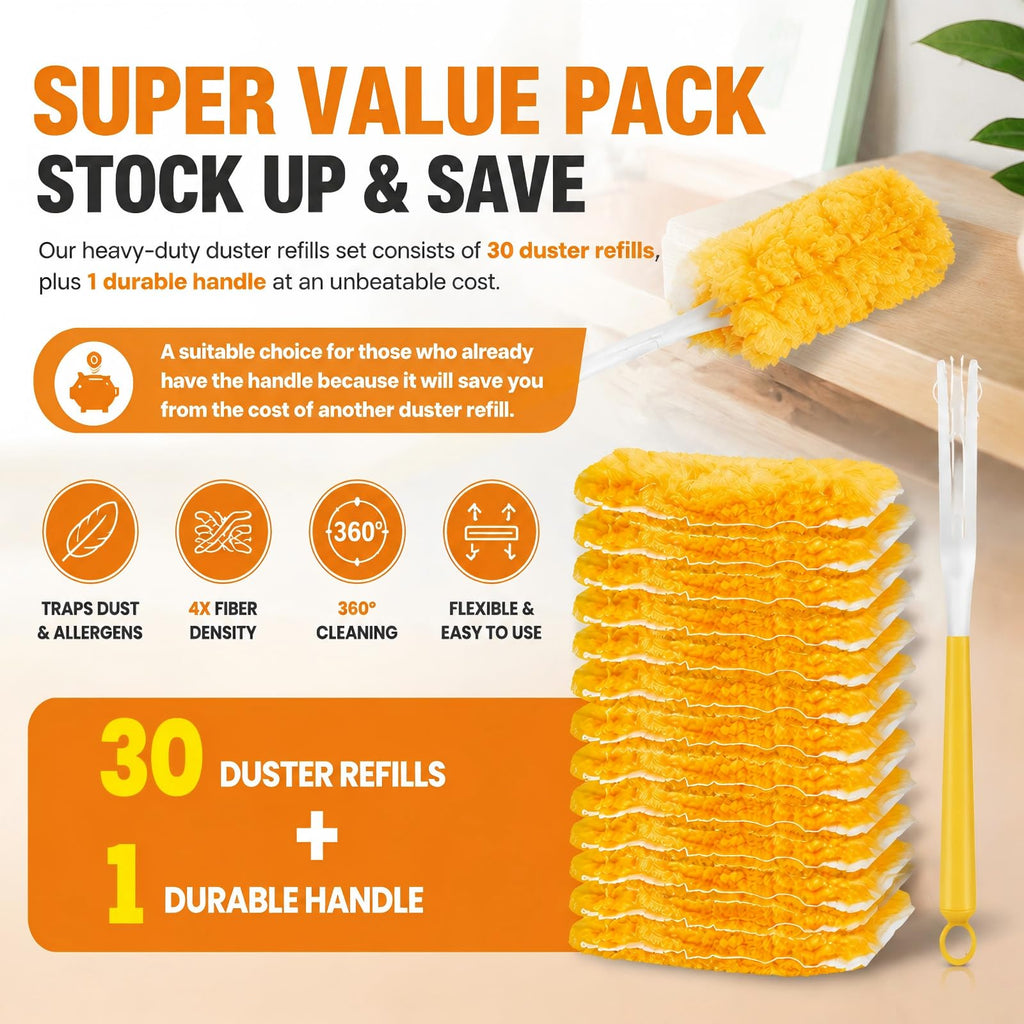 30 Count Duster Refills Kit fit for Swiffer Duster, 360° Heavy Duty Duster Refills, Disposable Microfiber Duster for Cleaning Home (30 Count Refills+1Handle)