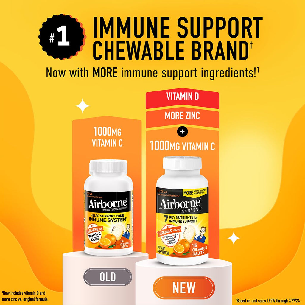 Airborne 1000mg Vitamin C + Zinc Immune Support Supplement Chewable Tablets, Citrus Flavor with Powerful Antioxidants Vitamins A C & E, 116 Chewable Tablets (2 Pack)