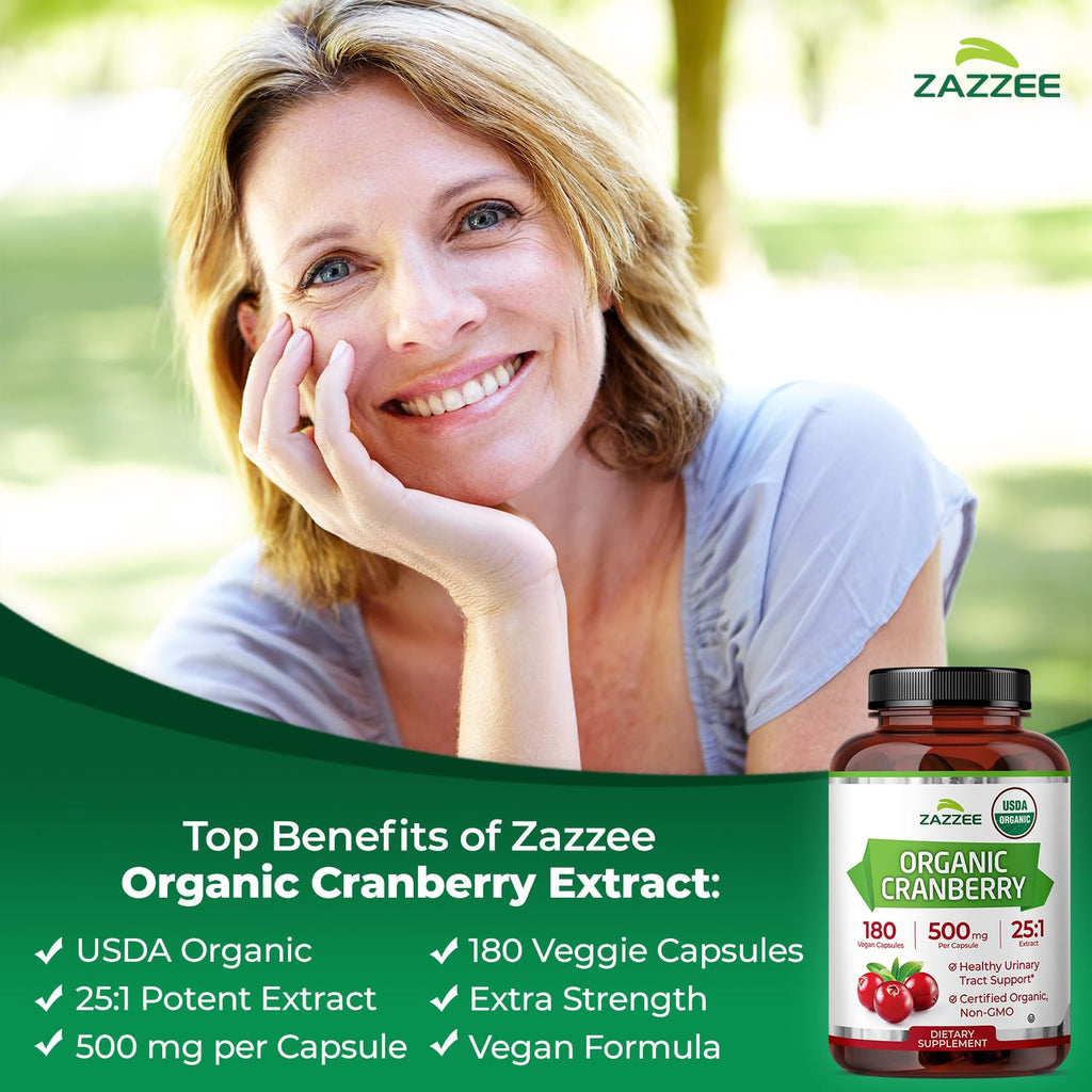 Zazzee USDA Organic Cranberry 25:1 Extract, 500 mg per Capsule, 180 Vegan Capsules, 6 Month Supply, Certified Kosher, Standardized, Concentrated 25X Extract, 100% Vegetarian, Non-GMO, Made in The USA