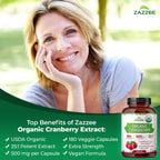 Zazzee USDA Organic Cranberry 25:1 Extract, 500 mg per Capsule, 180 Vegan Capsules, 6 Month Supply, Certified Kosher, Standardized, Concentrated 25X Extract, 100% Vegetarian, Non-GMO, Made in The USA