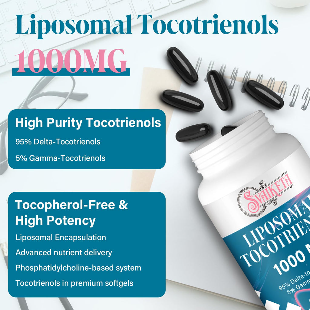 Svaiketa Liposomal Tocotrienols Supplement 1000mg, Vitamin E, Advanced Formula with 95% Delta-Tocotrienols & 5% Gamma-Tocotrienols - 60 Softgels (2 Bottles)