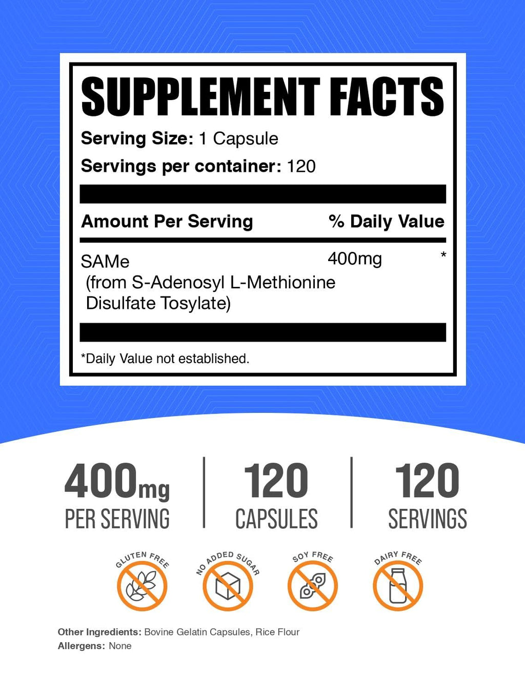 BulkSupplements.com Same Capsules - S-Adenosyl-L-Methionine, Same Supplement - Gluten Free, 1 Capsule per Serving (400mg), 120 Capsules (Pack of 1)
