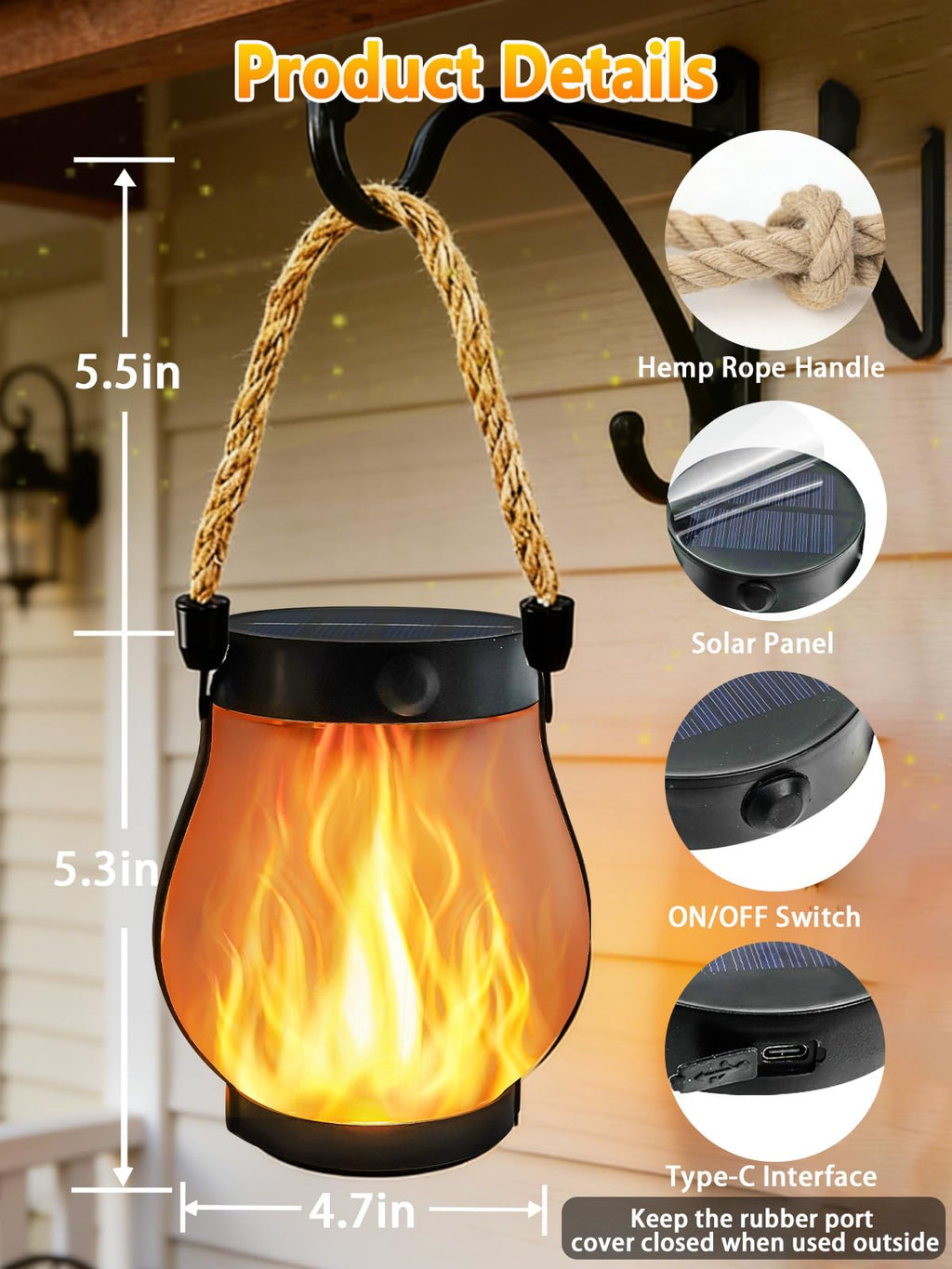 1 Pack Solar Lights Outdoor Waterproof, Solar Lantern with Dancing Flame, 2 Lighting Modes, Dual Charging USB & Solar Powered, with Hanging Rope Handle for Patio Yard Garden Tree Tabletop Decor