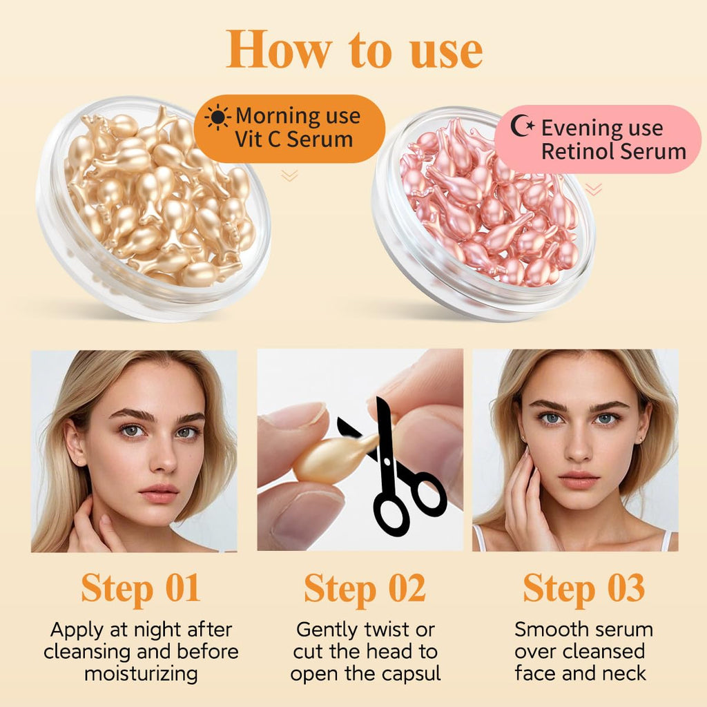 HKH Vitamin C & Retinol Serum for Face - Vit C Oil Capsules with Niacinamide Anti Aging Skincare - Vit A Night Serum Capsules for Women - Moisturise Smooth Fine Lines Even Tone Firming Skin (38+38 ct)