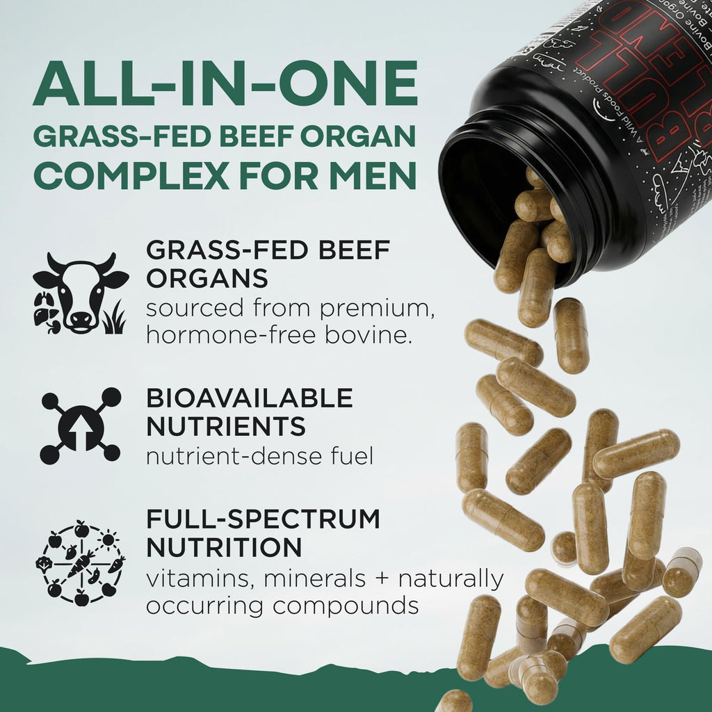 Wild Grass Fed Beef Organ Supplement for Men - Complete Ancestral Nutrition Complex with Beef Liver, Testicle, Prostate & Bone Matrix - Organ Meat Supplements - 30 Day Supply
