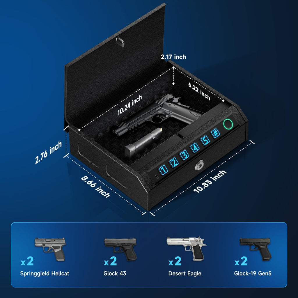 Gun Safe for Handgun, Biometric Handgun Safe with Drop Slot Quick Access with Stealth Mode, 3-Way Unlock Fingerprint Digital PIN Key Pistol Safe, Handgun Safe Lock Box with Carbon Steel Cable for Car