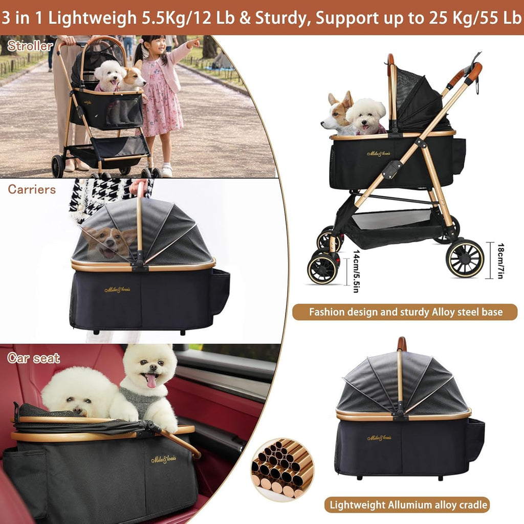 MILA&LOUIS Dog Stroller, 24" Pet Cradle, Lightweight & Stylish Pet Stroller for Small and Medium Pets, 33 Lbs Capacity with Cup Holder, Hook, Detachable Aluminum Cradle (Black)
