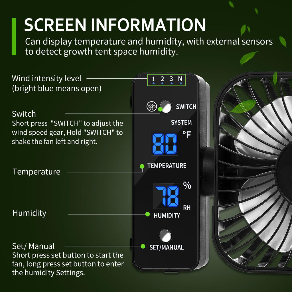 DAOTAILI 2-Pack 4” Grow Tent Fan With Temperature And Humidity Meter,Automatic Humidity Control,Oscillating Fan For Hydroponic Ventilation Circulation With Clips,Adjustable Speed Quiet Greenhouse