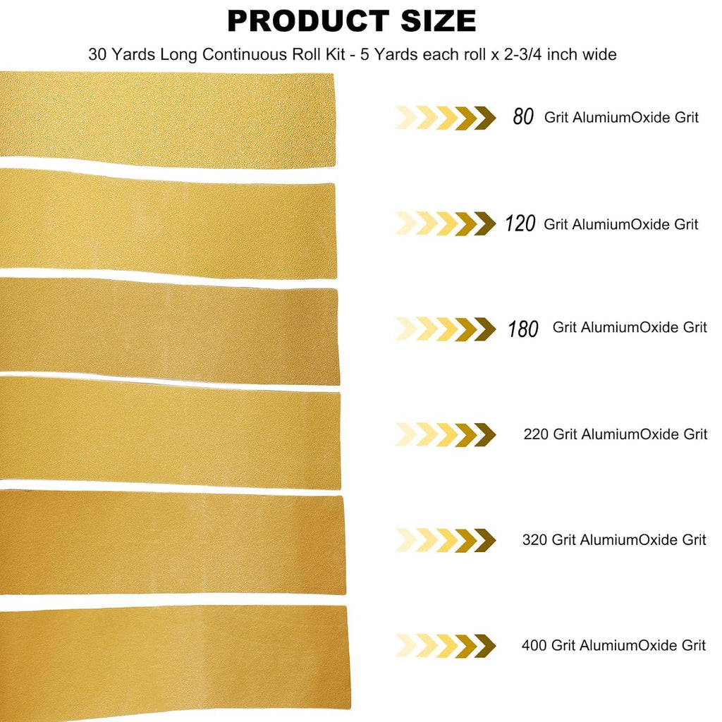 Total 30 Yards 2-3/4" Wide PSA Continuous Roll Kit - 80, 120, 180, 220, 320, 400 Grit Longboard Sandpaper, Self Adhesive Stickyback Sanding Sheets Paper for Automotive, Woodworking Sanding Blocks