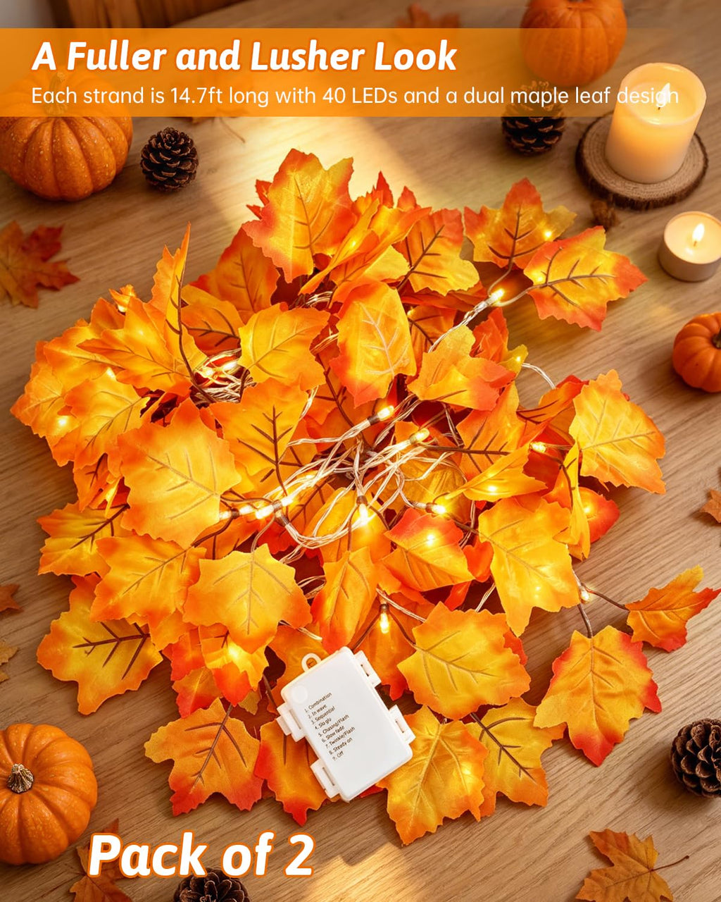 2Pack [8 Lighting Modes & Timer] Fall Decor Maple Leaf Garland with Lights 80LED Battery Operated Waterproof, Fall Decorations for Home Outdoor Indoor Thanksgiving Decor Halloween Friendsgiving Autumn