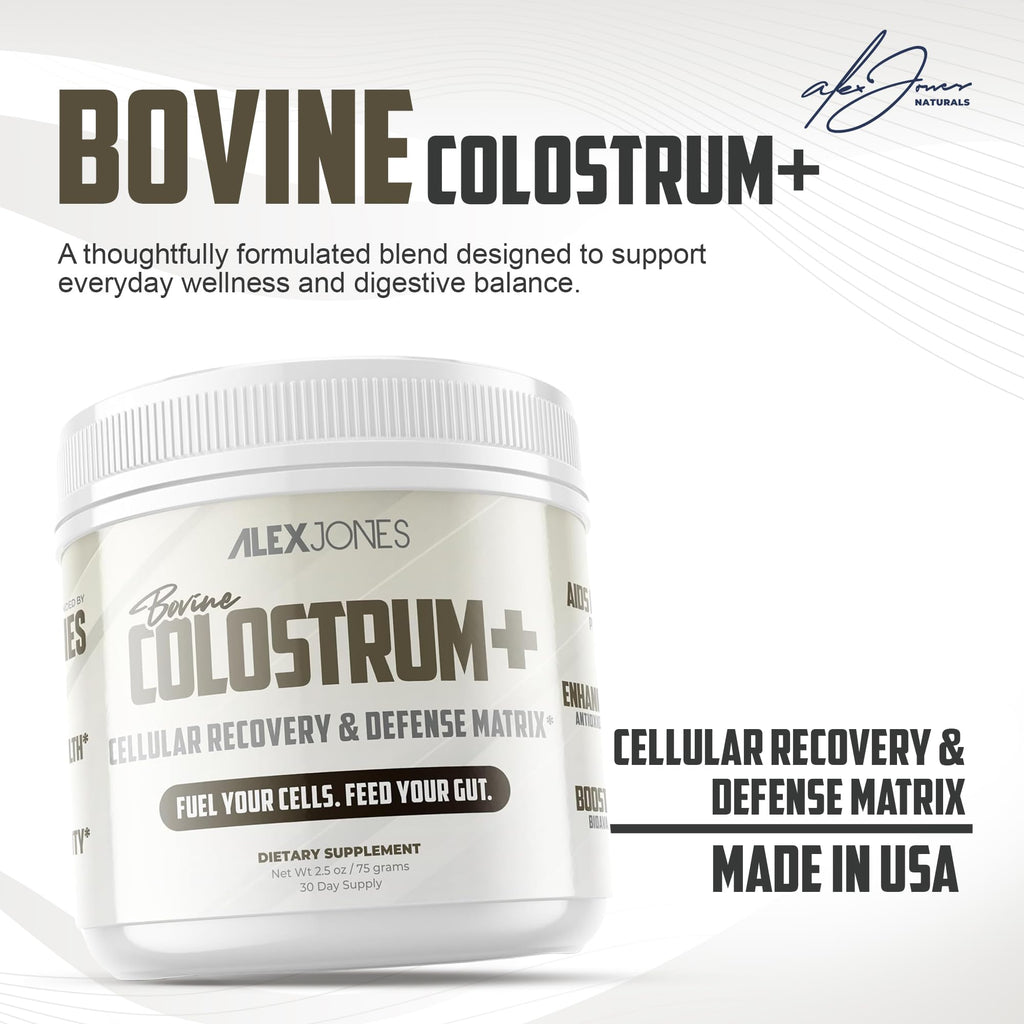 Alex Jones Naturals Bovine Colostrum Powder 20% IgG with IgM & IGA – Gut Health & Immune Support Supplement with Lactoferrin & Marshmallow Root – Non-GMO, GMP Certified, Made in USA – 30 Servings