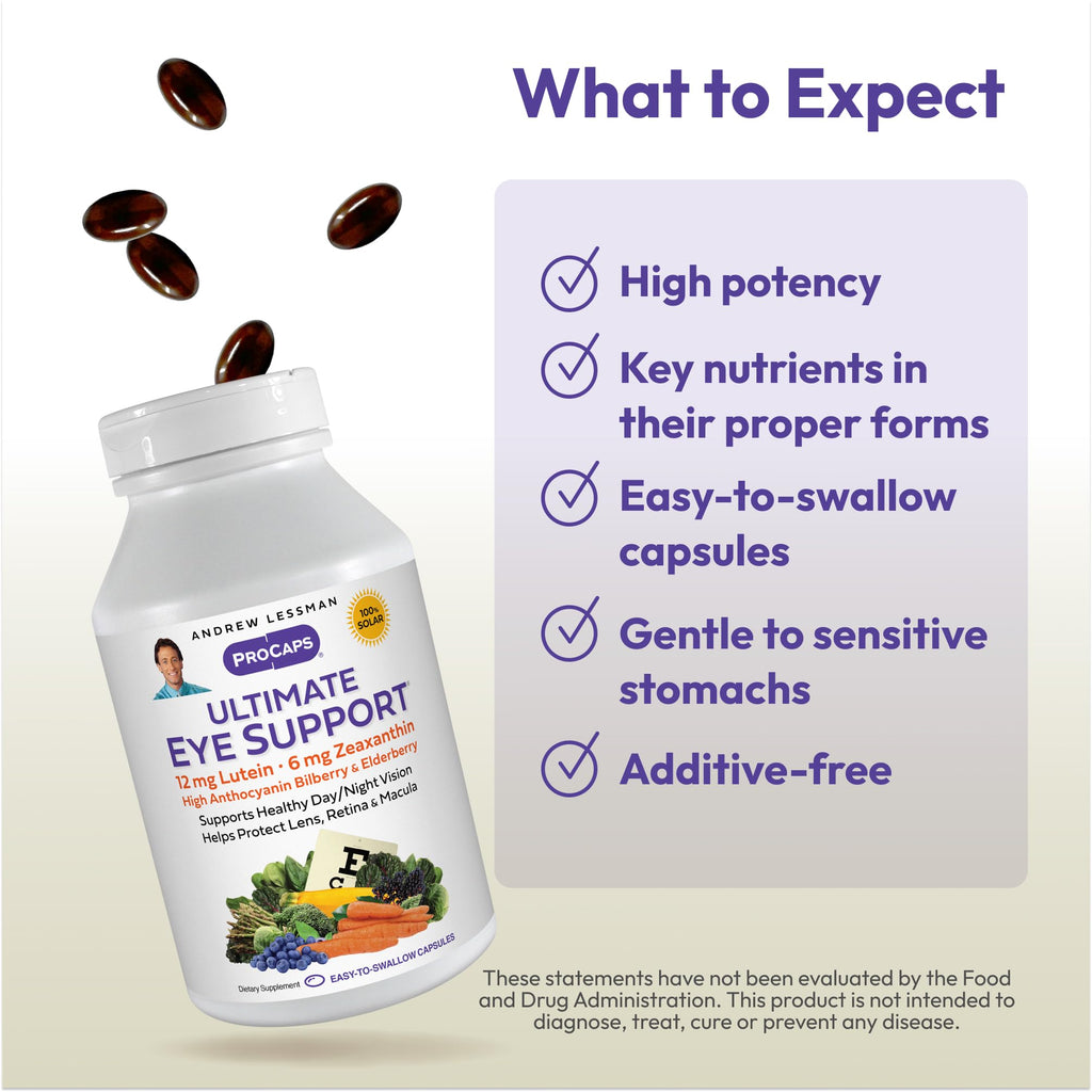 ANDREW LESSMAN Ultimate Eye Support 180 Softgels - 12mg Lutein, 6mg Zeaxanthin, Bilberry, Key Nutrients to Support Eye Health and Promote Healthy Vision. No Additives. Easy to Swallow Softgels