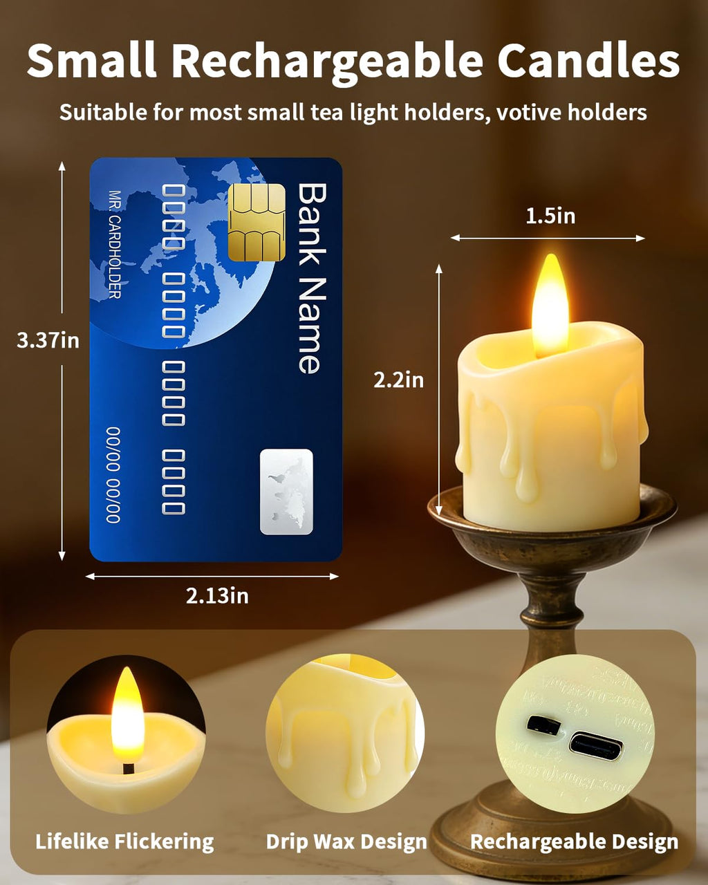 CAQUIRU 6 Pack Small Rechargeable Flameless Candles with Remote Timer