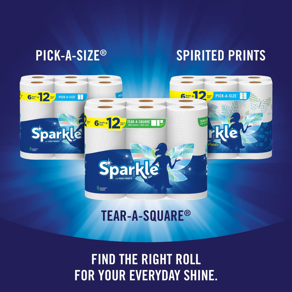 Sparkle Tear-A-Square Paper Towels,2 Double Rolls (660 Sheets Total) - Strong 2-Ply Towels for Kitchen Cleanup and Everyday Messes,(Pack of 3)