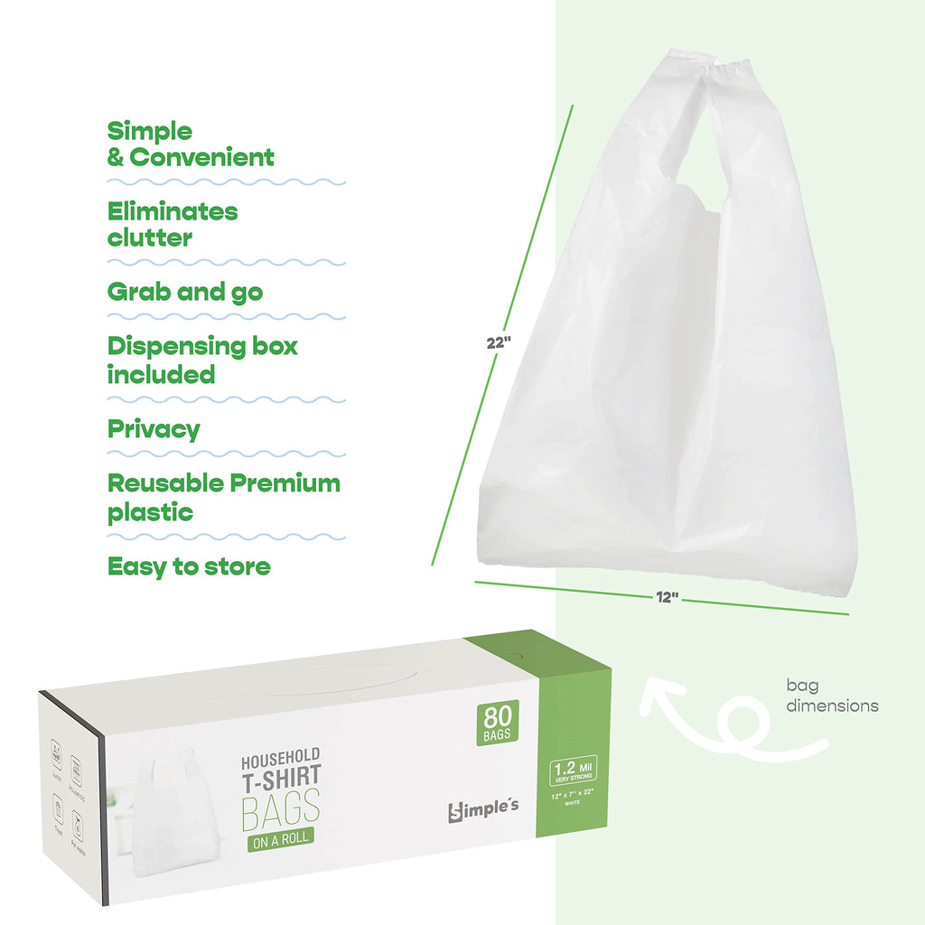 Simple's Plastic Bags with Handles For Small Business, (3 Pack=240 Bags) Shopping Grocery, Plastic T Shirts Bag, Dispenser Roll - Measures 12"x7"x22", 1.2 Mil Thickness
