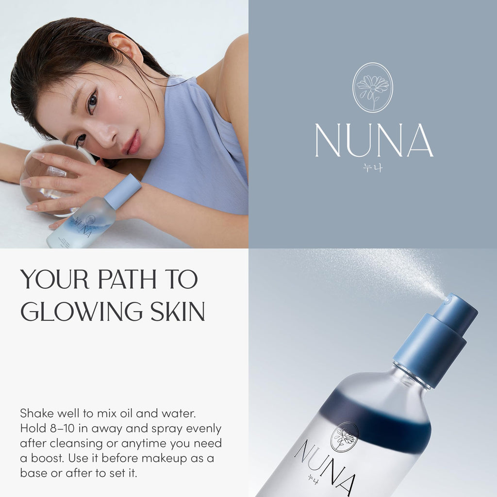 NUNA Ultra Hydrating Face Serum Spray with Peptides, Niacinamide, Hyaluronic Acid & Botanical Extracts – Korean Lightweight Moisture Boost Facial Mist & Setting Spray for Makeup – 3.38 fl oz