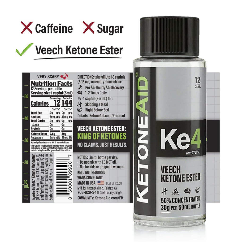 KetoneAid Ke4 Ketone Ester Concentrate | Not a Ketone Salt, No Sugar, No Caffeine | Exogenous D-BHB Ester | 12 Serving Per Bottle (1 Count)