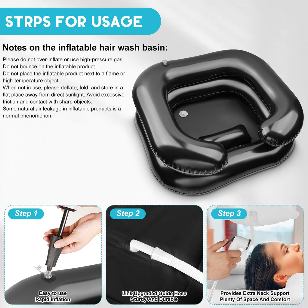 Inflatable Shampoo Basin, Loc Detox Tub for Dreads, Shampoo Buddy Bowl for Bedridden, Disabled,Injured with 2.5 GL Portable Water Shower Bag（Black）