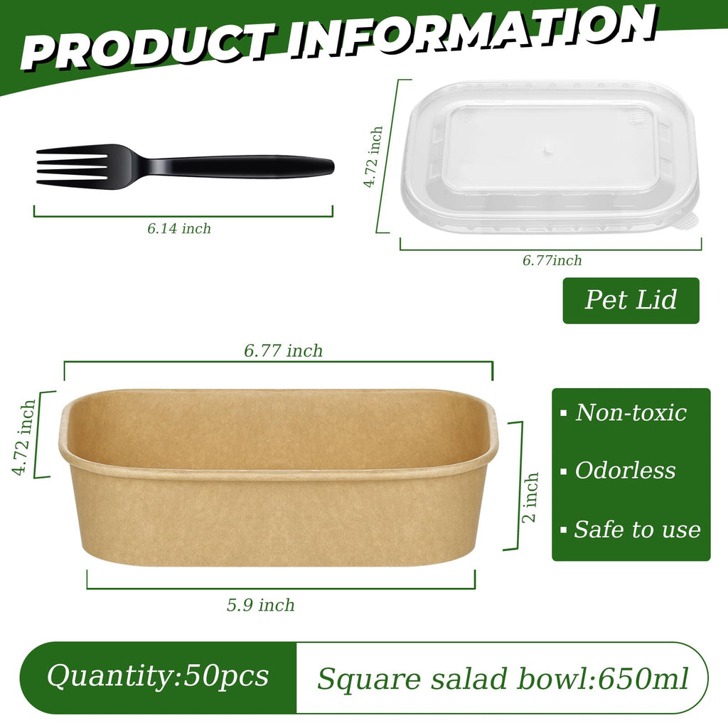 DI QIU REN 50-Pack 22oz Paper Bowls, Disposable Food Containers with Lids and Forks, Rectangular Disposable Salad Bowls for Diet Salad, Pasta (kraft Paper Rectangular, 22oz 50 Count)